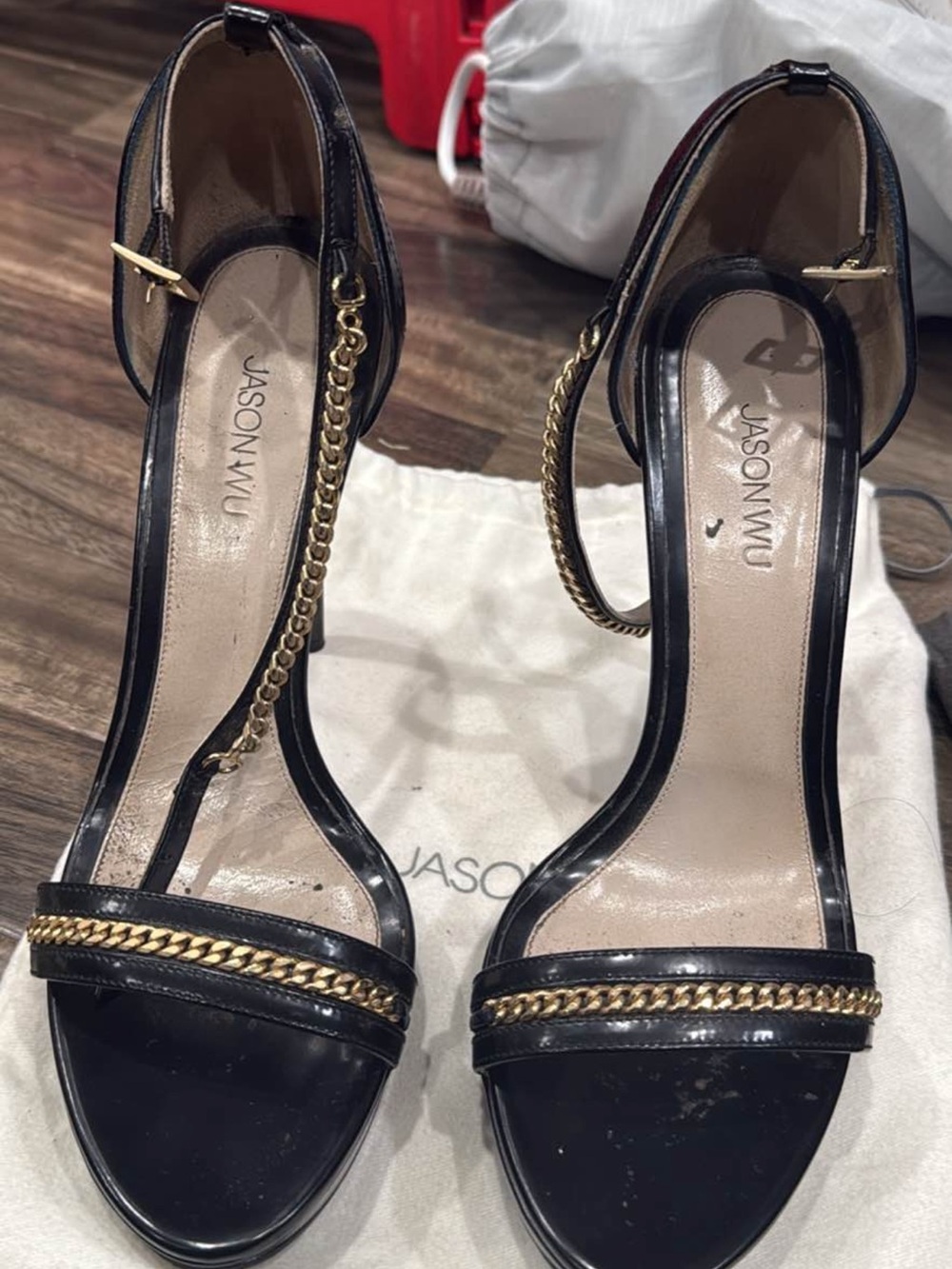 Jason Wu Black Patent Leather Ankle-Strap Heels with Gold Chain